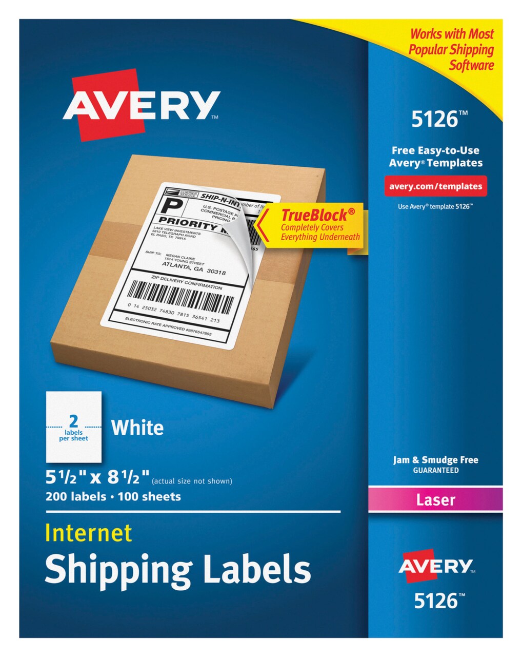 Avery TrueBlock Shipping Labels, Laser, 5-1/2 x 8-1/2 Inches, White, Pack of 200